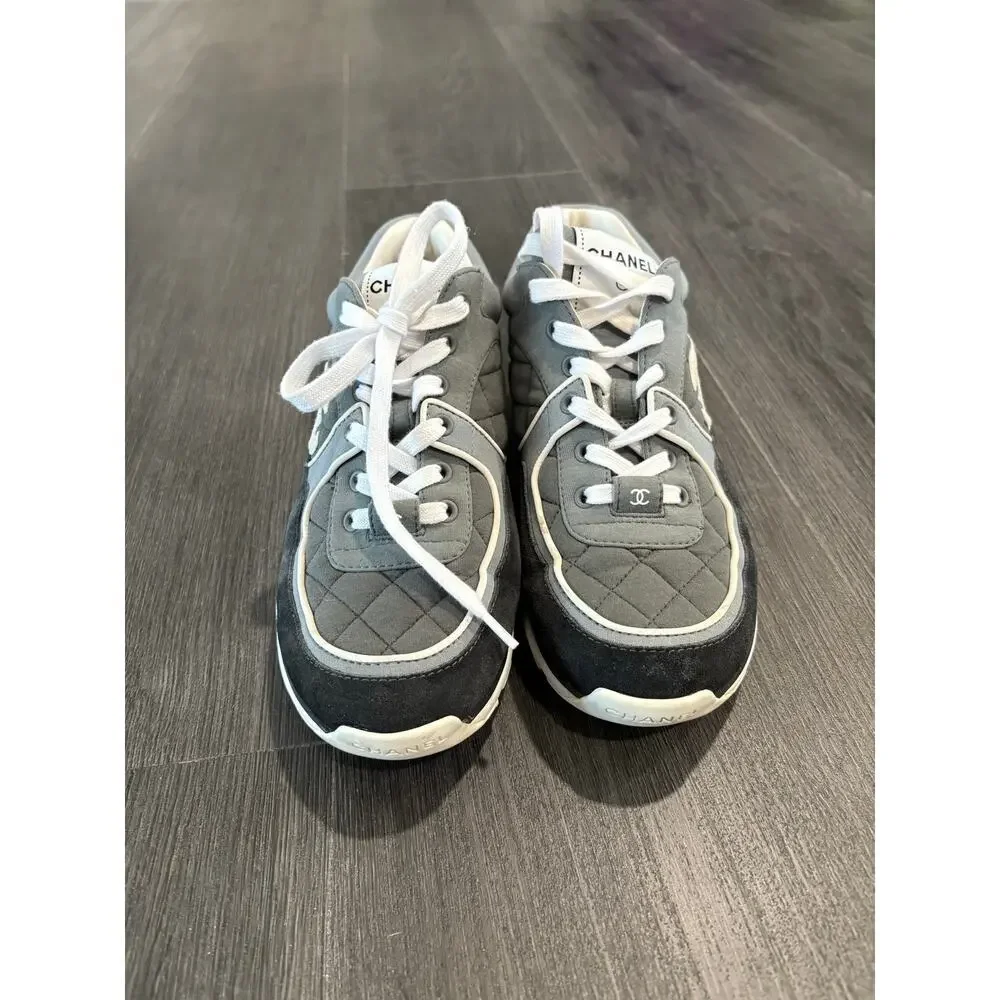 Chanel 2023 Fabric and Suede Calfskin Quilted Gray Trainer Sneakers Size 38(8)